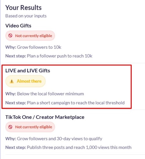 Output card showing “Almost there” for LIVE with regional follower shortfall highlighted.