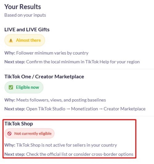 A results card showing TikTok Shop marked Not currently eligible because the feature is inactive in the user’s region.