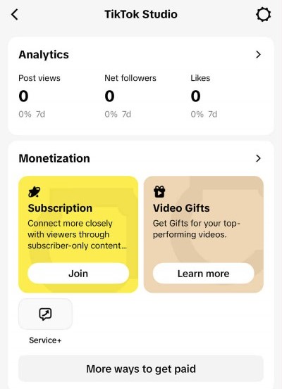 Overview of analytics and monetization options inviting creators to join or learn more.