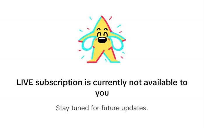 App message stating “LIVE subscription is currently not available to you” with animated character illustration.