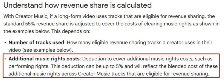 YouTube Help screenshot explaining additional music rights costs with up to 5% deduction applied to creator revenue share.