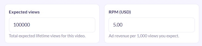 Input fields of the YouTube Revenue Share Estimator showing expected views set to 100,000 and RPM set to 5.00 USD.