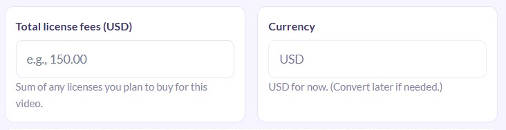 Tool input fields for total license fees in USD and currency selection.