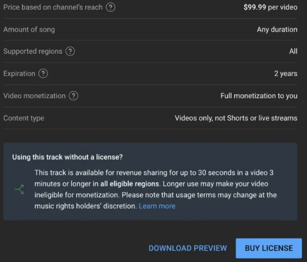 YouTube Creator Music checkout page showing license price of $99.99 per video.