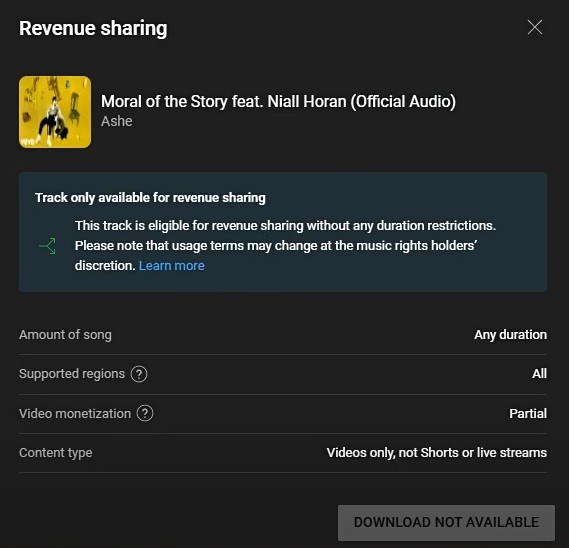 YouTube Creator Music track page showing eligibility for revenue sharing with restrictions.