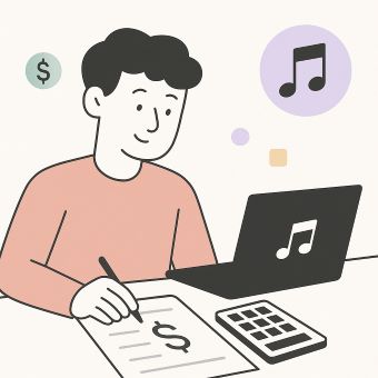 Illustration presenting a person using the music licensing cost calculator