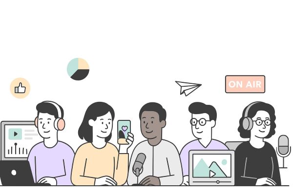 Illustration of different types of creators using royalty free music