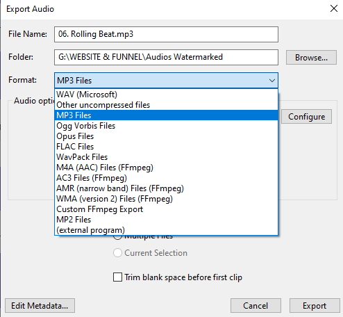 Export Audio window in Audacity showing .AUP file extension name, export location, and format dropdown with MP3 selected
