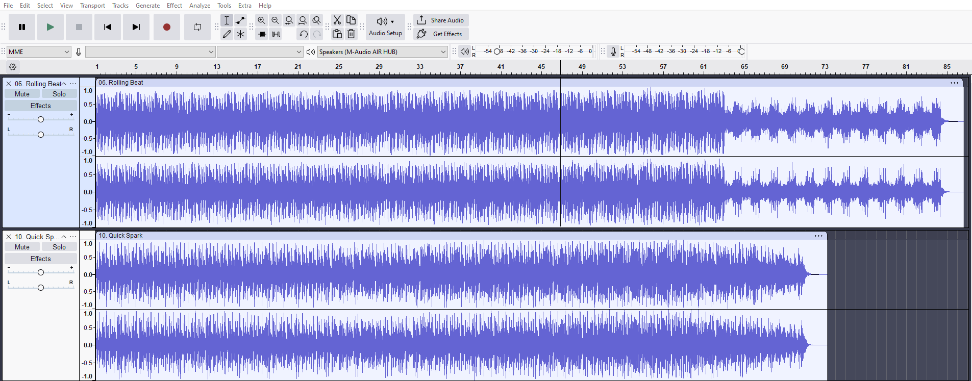 Audacity session view with two stereo audio tracks loaded from a .AUP project file, displaying waveform editing