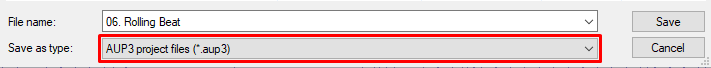 Save dialog in Audacity 3.0 with AUP3 project file type selected and file name input field visible
