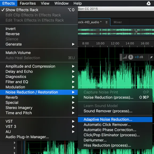 Menu screenshot in Adobe Audition showing the Noise Reduction / Restoration submenu with Adaptive Noise Reduction selected.