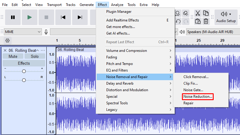 Screenshot of Audacity’s Effect menu with the adaptive noise removal and Repair section expanded and Noise Reduction highlighted.