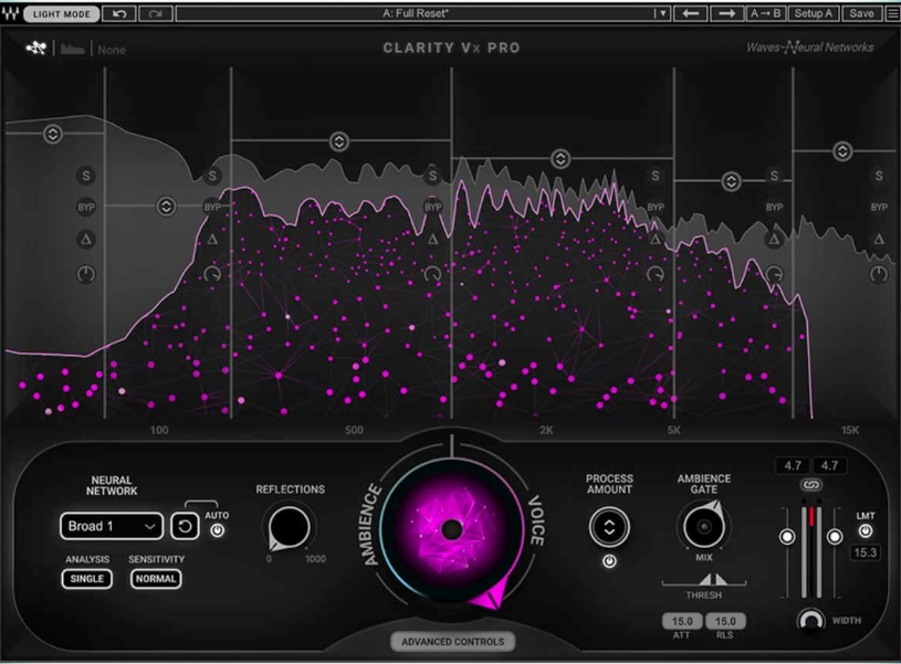 Interface of Waves Clarity VX Pro plugin with visual neural network graph, voice/ambience balance control, and spectral display.