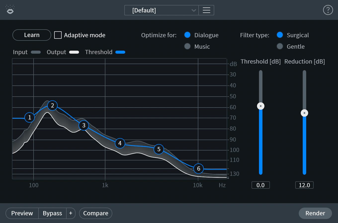 iZotope RX Voice De-noise interface showing adaptive mode, frequency curve, threshold, and reduction sliders for speech cleanup.