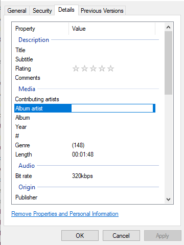 Screenshot of Windows file properties panel displaying Album Title (Metadata Tag) under the Details tab.