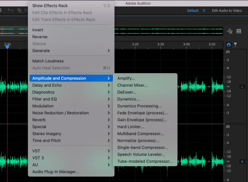Amplify audio effect menu highlighted in Adobe Audition under Amplitude and Compression options.