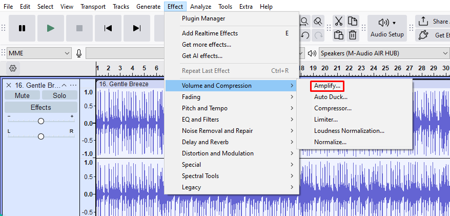 Amplify audio effect selected in Audacity from the Volume and Compression dropdown menu.