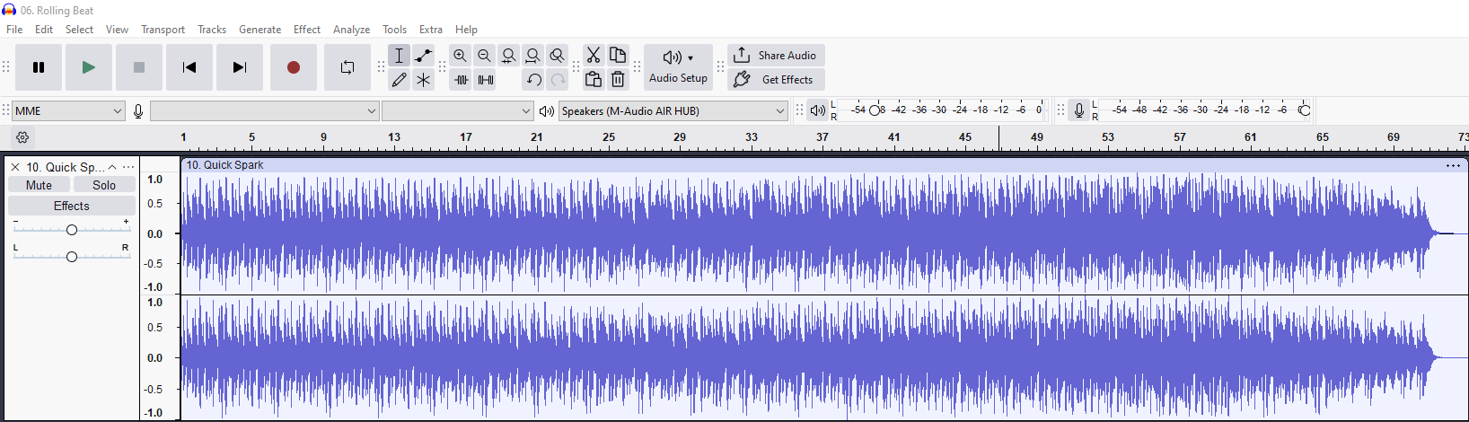 Audacity interface showing stereo waveform, track controls, and editing toolbar for audio editing and playback.