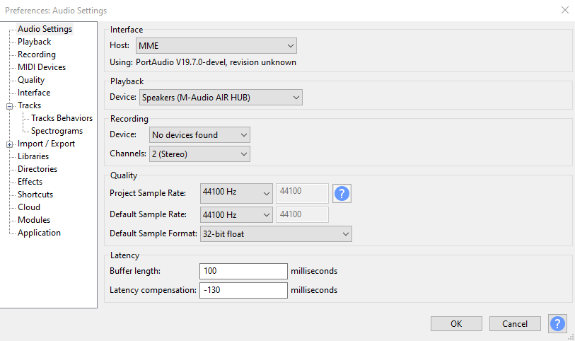 Screenshot of Audacity audio driver settings showing MME host, playback device, and latency configuration options.