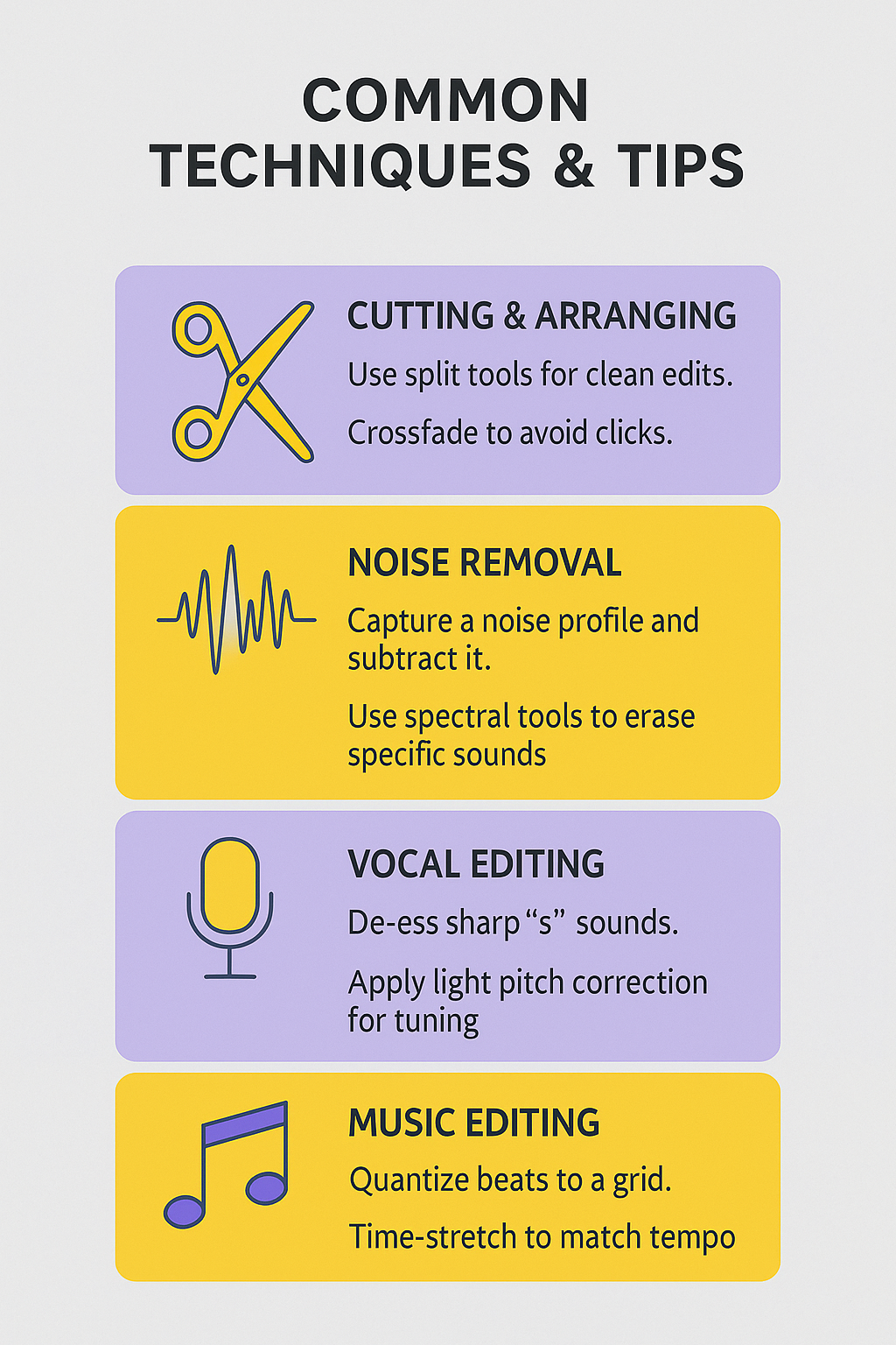 Infographic outlining common audio editing techniques: cutting and arranging, noise removal, vocal editing, and music editing, with matching icons and brief tips.