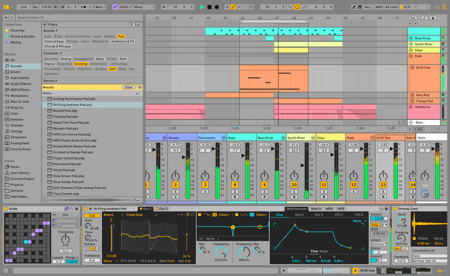 Ableton Live digital audio workstation showing session view with tracks, mixer, and synth plugin