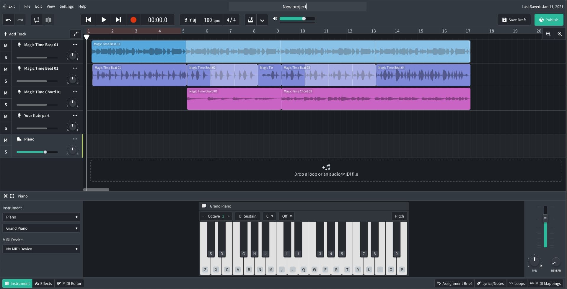 BandLab online audio editor showing multitrack arrangement and virtual piano interface