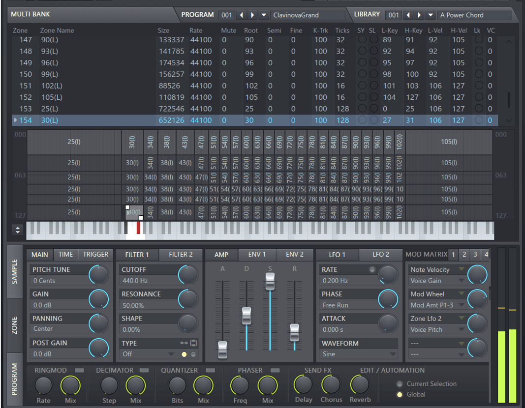 FL Studio interface displaying sample editor, plugin controls, and advanced MIDI routing