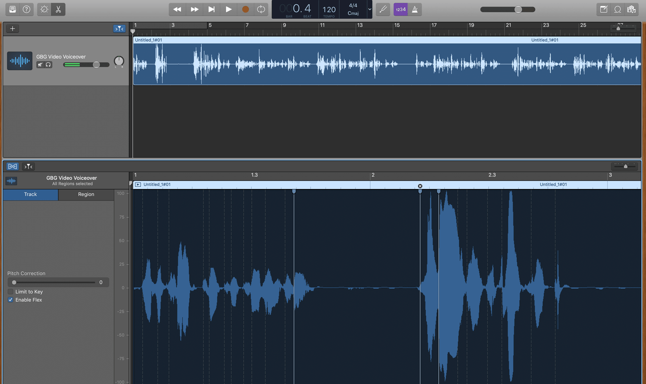 GarageBand waveform editor with voiceover track and pitch correction options in view