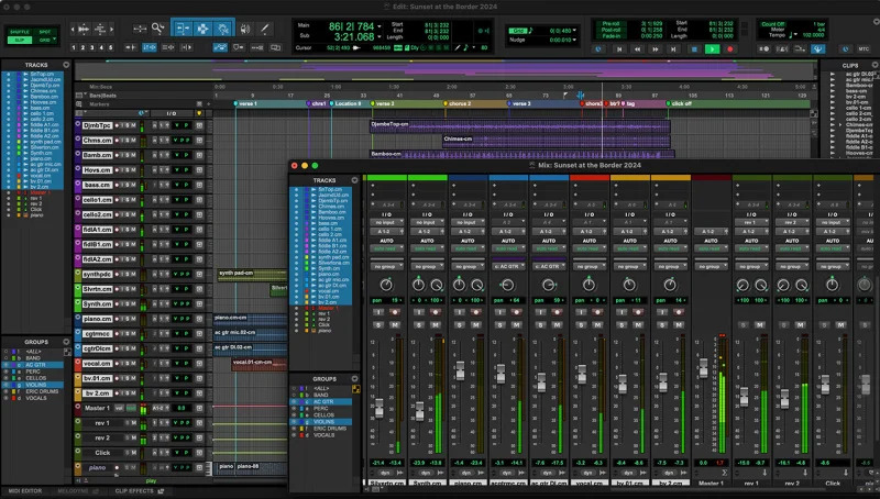 Pro Tools audio editing and mixing console with multitrack arrangement and automation lanes