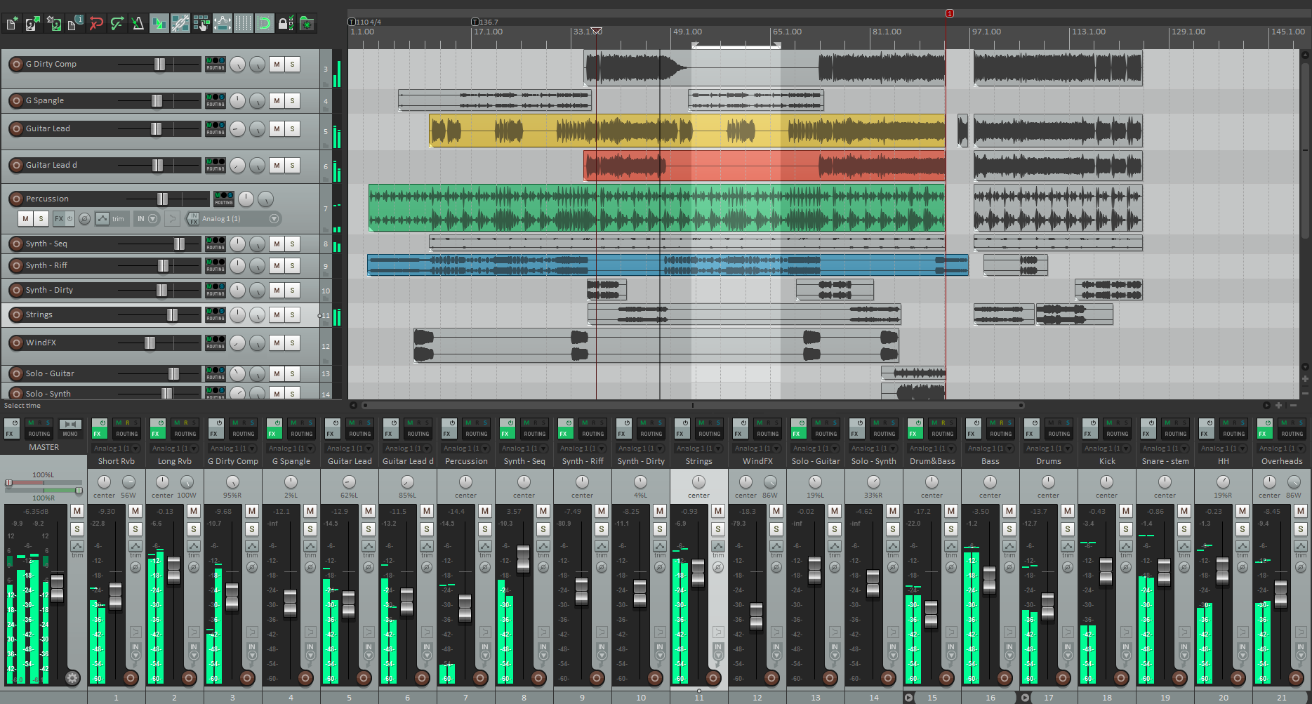 Reaper DAW interface showing mixer panel and complex multitrack timeline layout