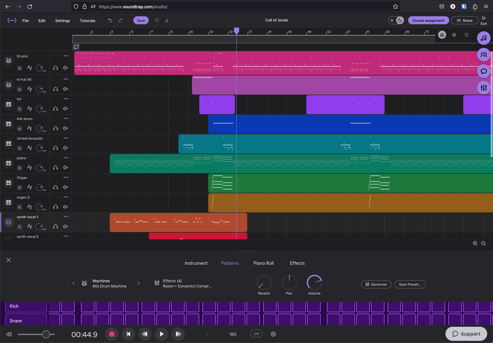 Soundtrap online studio with color-coded MIDI tracks and cloud-based collaboration tools