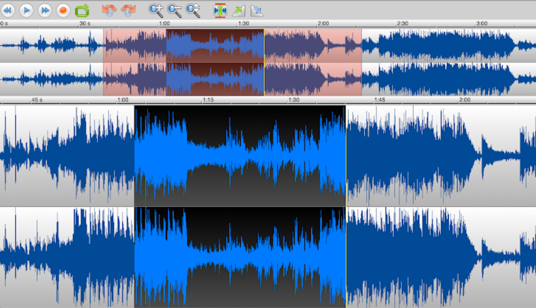 TwistedWave audio editor interface with stereo waveform and selection tool highlighted