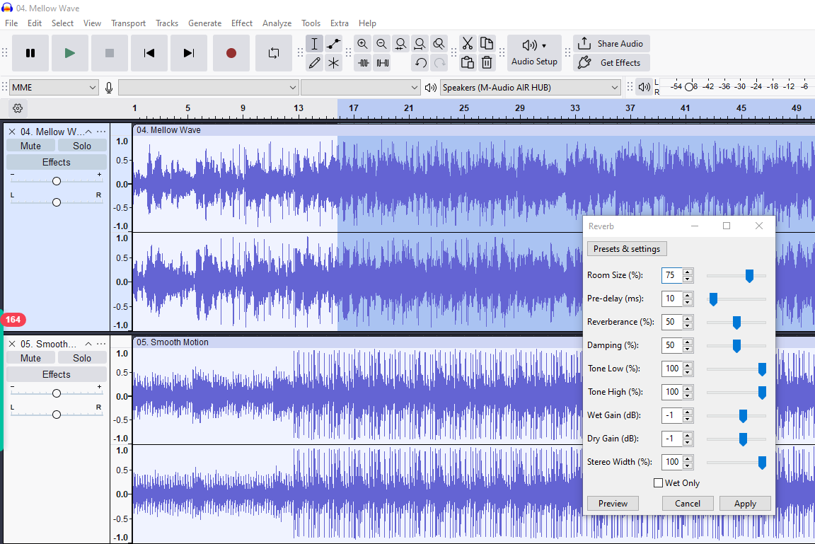 Screenshot of reverb settings in Audacity showing room size, pre-delay, damping, and stereo width parameters.