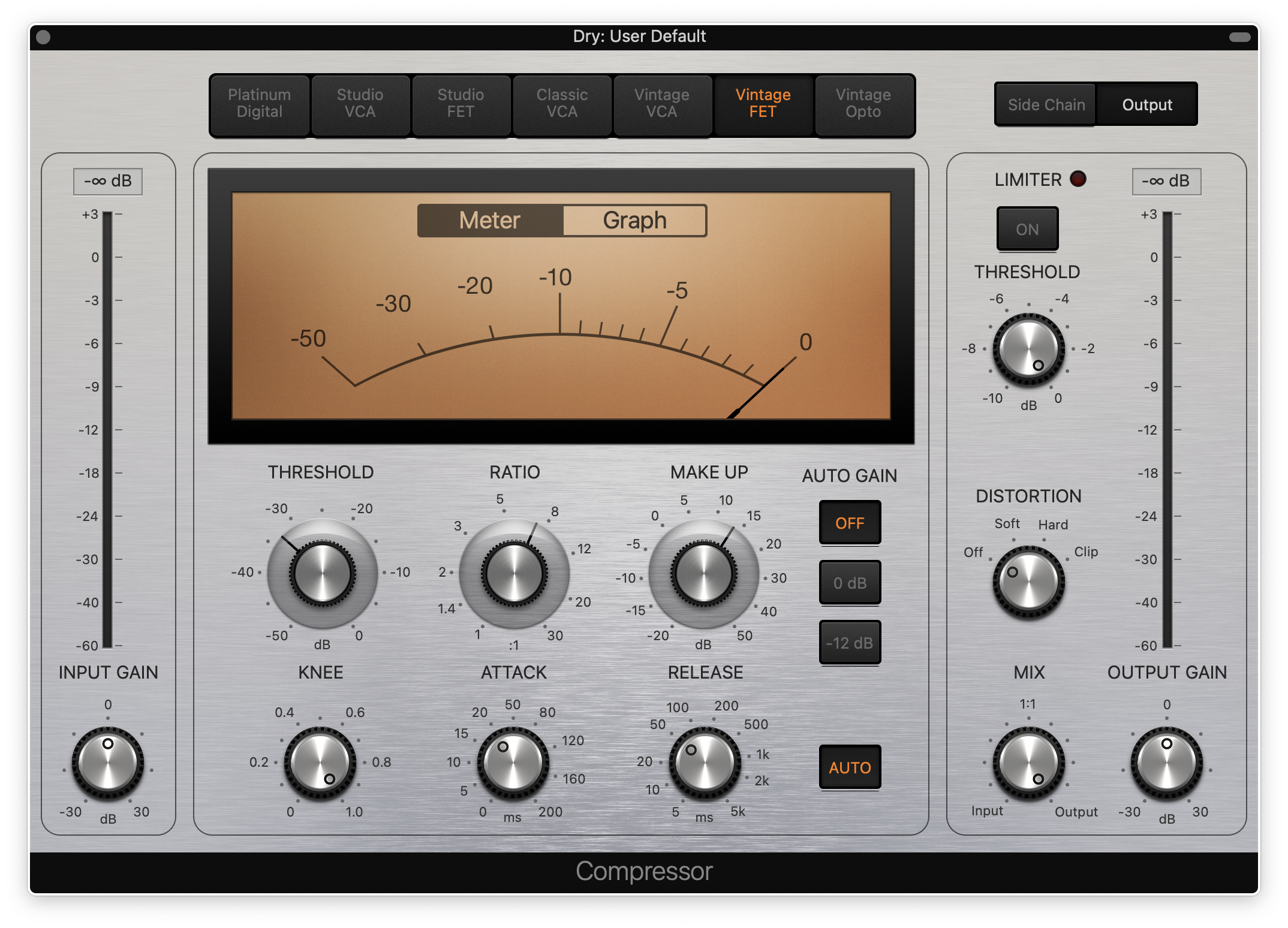 Compressor plugin interface showing threshold, ratio, attack, release, and output gain controls.