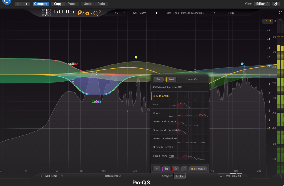 FabFilter Pro-Q 3 equalizer plugin with visual frequency bands and dynamic EQ adjustments.