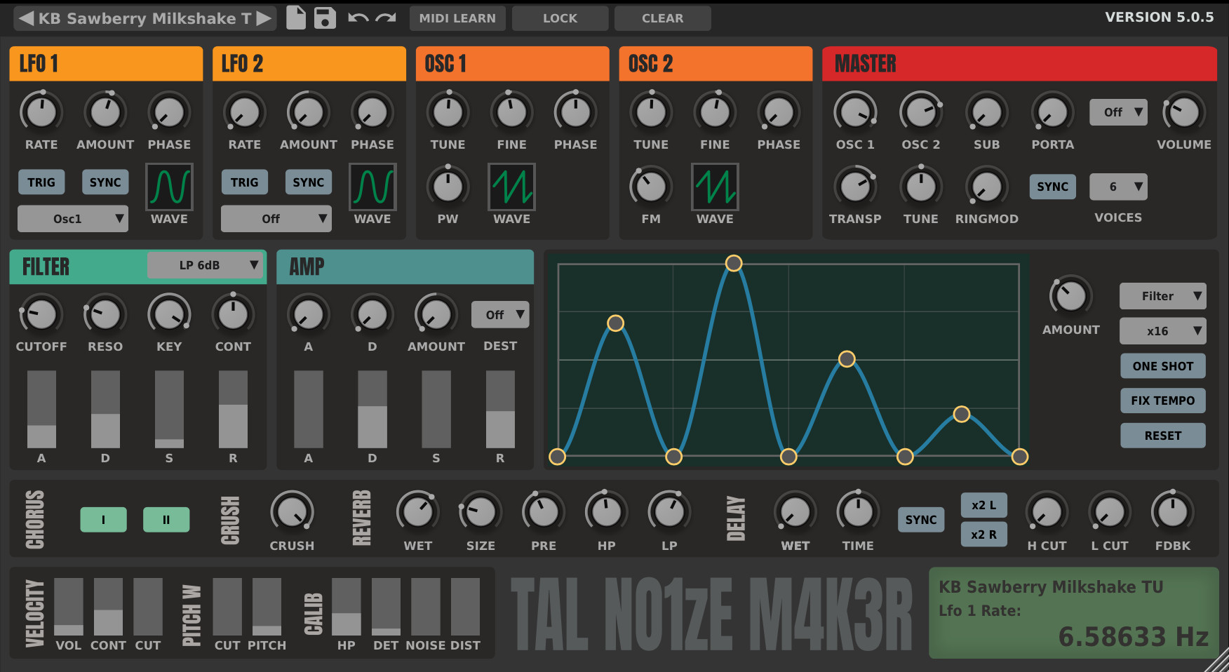TAL Noisemaker synth interface showing LFO, filter, and delay modulation settings.