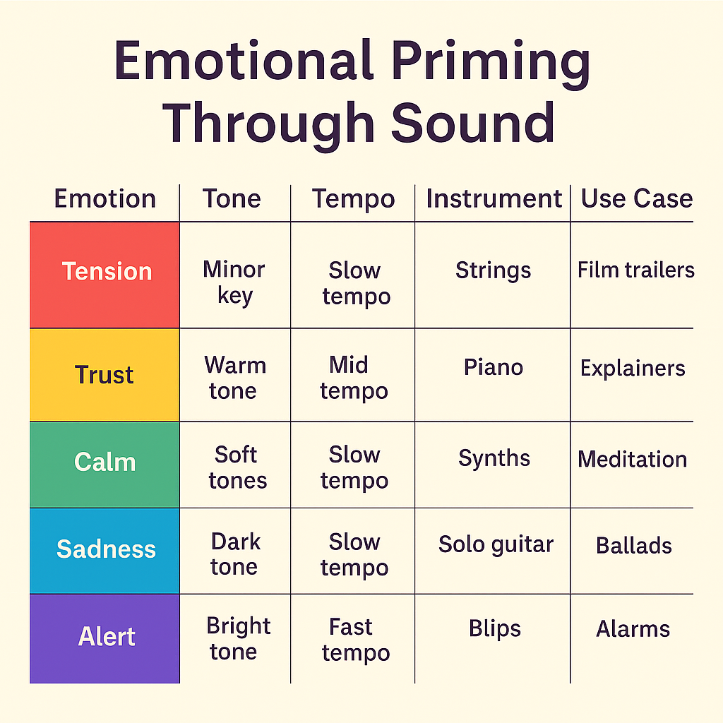 Infographic titled 'Emotional Priming Through Sound' showing five emotions-Tension, Trust, Calm, Sadness, and Alert-each matched with a tone, tempo, instrument, and example use case in a 5-column grid layout.