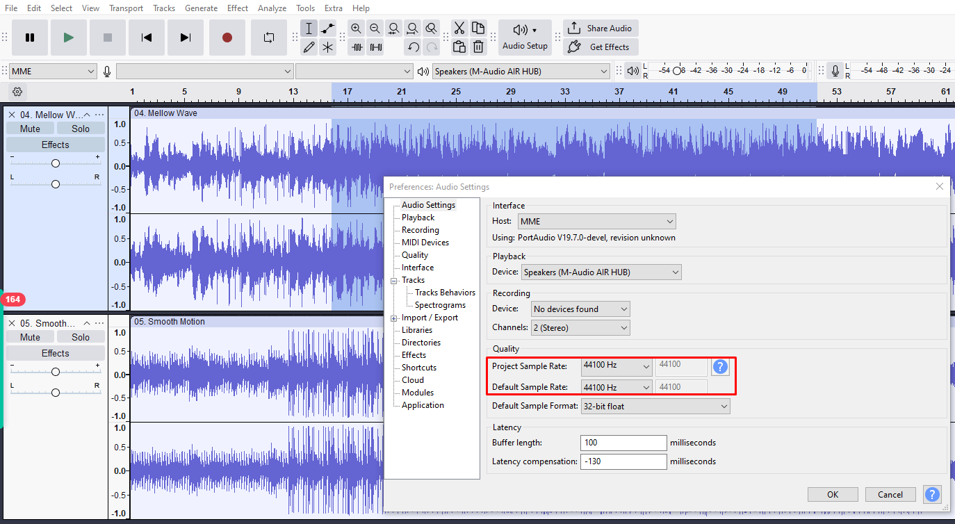 Preferences window in Audacity showing sample rate settings set to 44,100 Hz for both project and default sample rates.