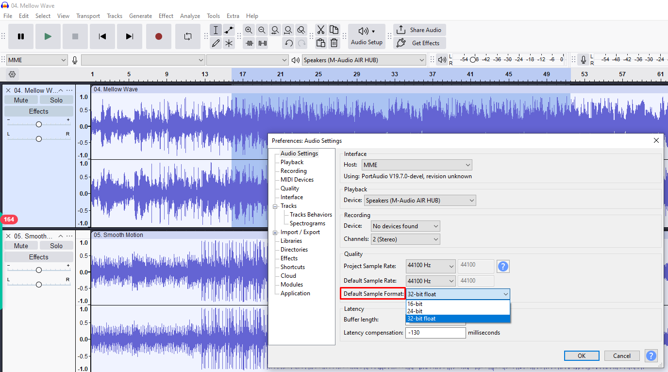 Audacity sample format menu with options for 16-bit, 24-bit, and 32-bit float bit depth in the audio settings panel.