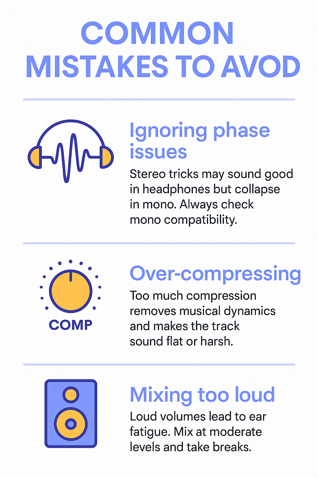 Infographic titled 'Common Mistakes to Avoid' showing three audio mixing errors: ignoring phase issues, over-compressing, and mixing too loud-each illustrated with a simple icon and brief explanation.
