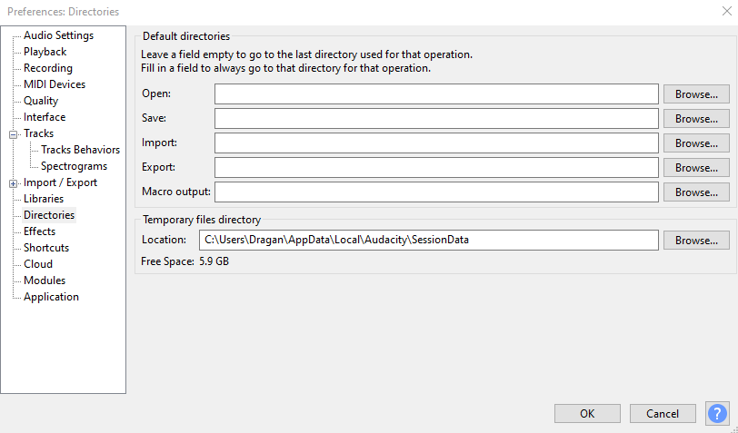 Screenshot of the Audacity Preferences window showing the Directories tab, with the temporary files directory path for Auto-Save set to a local AppData folder.
