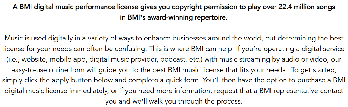 BMI digital music performance license explanation, detailing copyright coverage for streaming and online platforms with access to over 22.4 million songs.