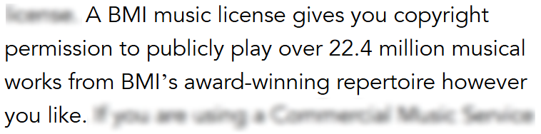 Text excerpt from BMI licensing page stating that a BMI music license allows public performance of over 22.4 million songs.