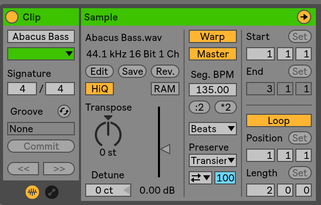 Ableton Live clip sample settings showing BPM set to 135, with tempo, transpose, and loop controls visible.