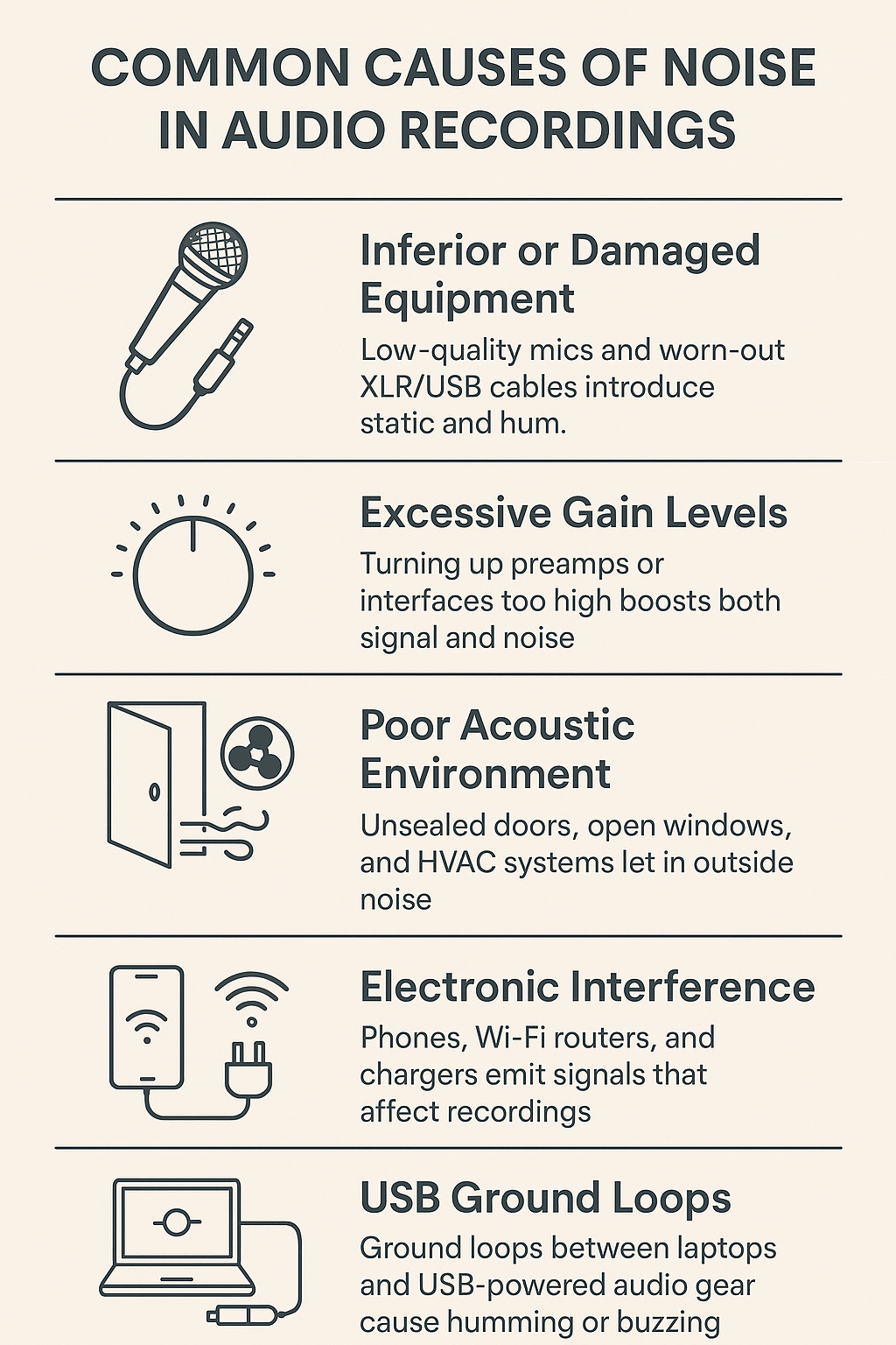 Infographic listing common causes of background noise in audio recordings, including damaged equipment, high gain levels, poor acoustic environments, electronic interference, and USB ground loops, each with a descriptive icon and brief explanation.