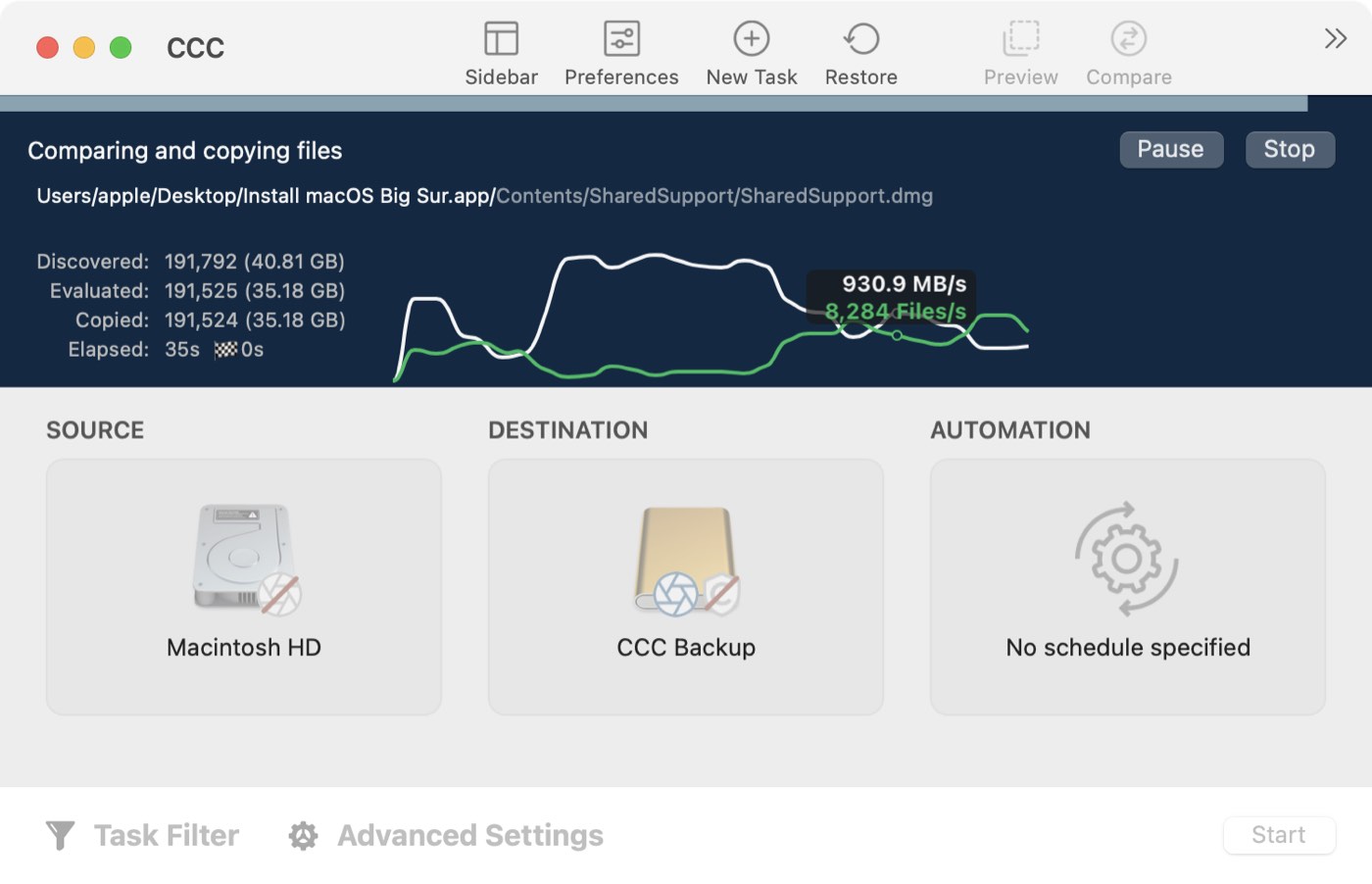 Carbon Copy Cloner dashboard showing source and destination disks, file transfer speed, and backup progress.