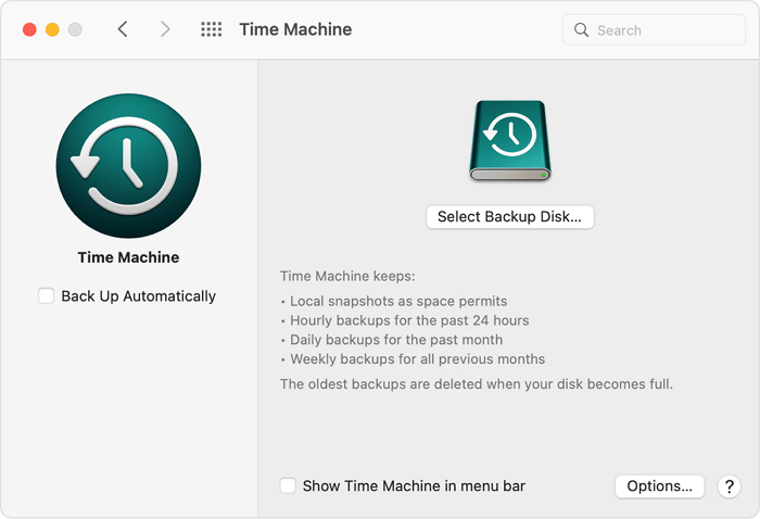 macOS Time Machine settings screen with options for automatic backups and selecting a backup disk.