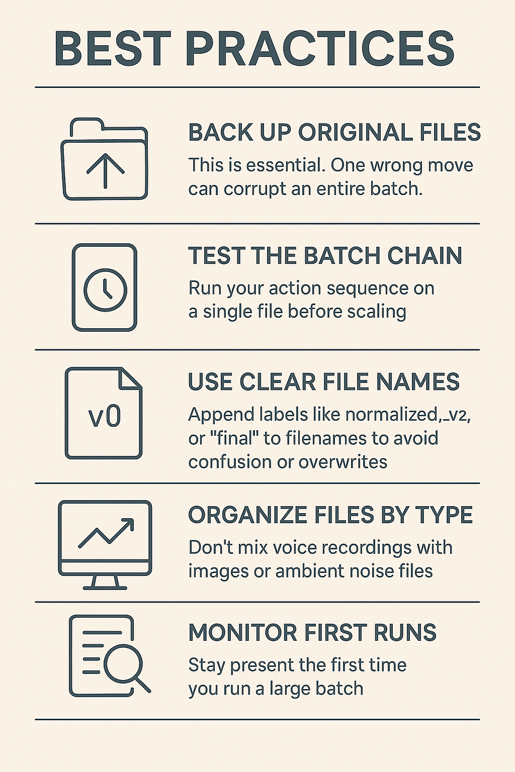 Infographic titled "Best Practices" showing five key batch processing tips: back up files, test the batch chain, use clear file names, organize files by type, and monitor first runs, each with an icon and short explanation.