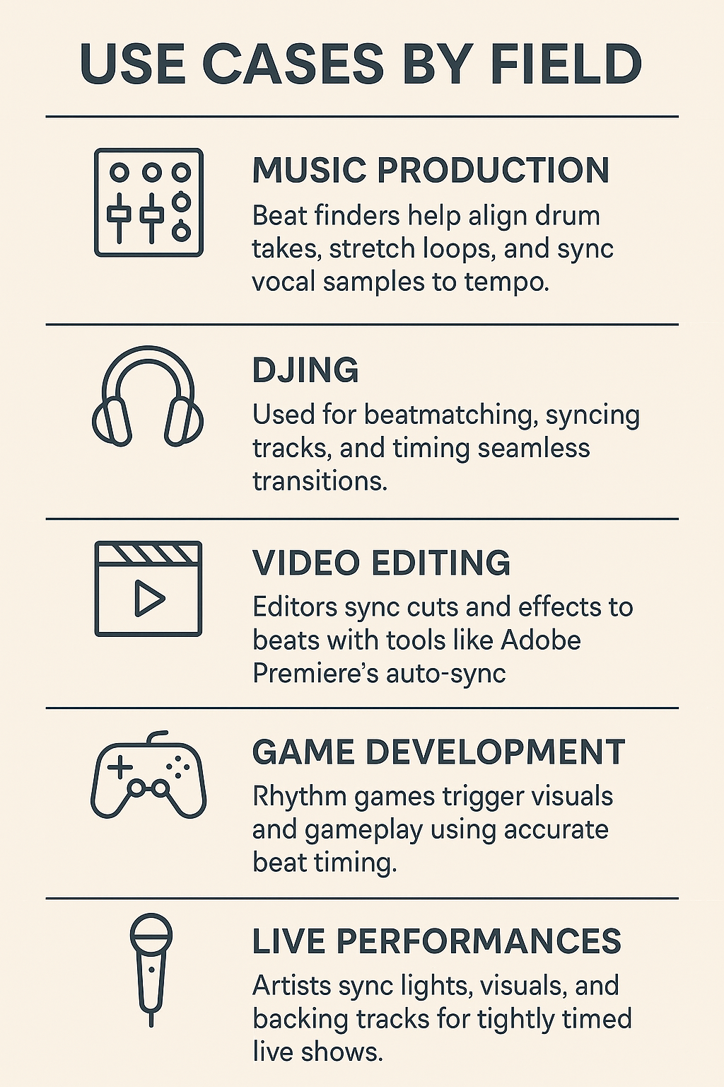 Infographic titled "Use Cases by Field" showing how beat finders are used in music production, DJing, video editing, game development, and live performances, each with icons and short descriptions.