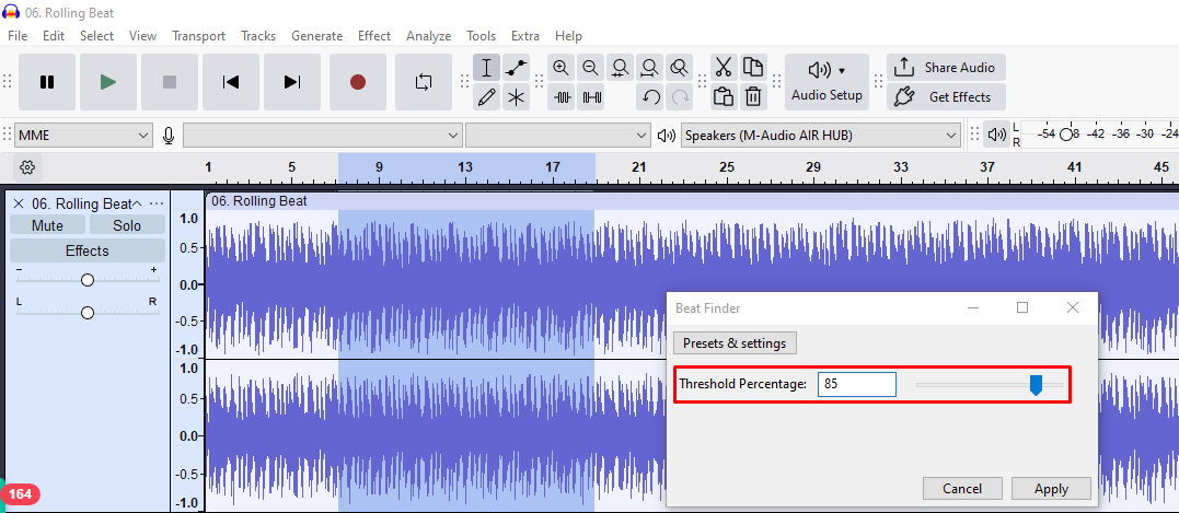 Screenshot of Audacity with the Beat Finder threshold settings window open, highlighting an 85% threshold value.